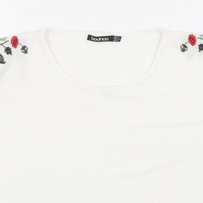 Boohoo Womens White Polyester Basic T-Shirt Size 6 Round Neck - Floral Detail