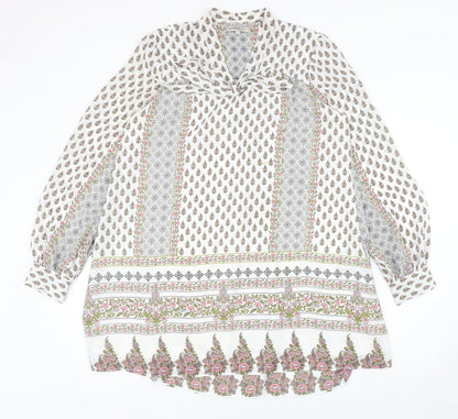 Marks and Spencer Womens White Geometric Polyester Kaftan Size 8 V-Neck Tie