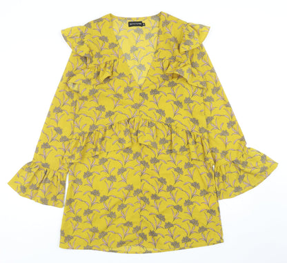 PRETTYLITTLETHING Womens Yellow Floral Polyester Mini Size 6 V-Neck Pullover