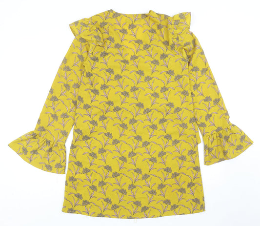 PRETTYLITTLETHING Womens Yellow Floral Polyester Mini Size 6 V-Neck Pullover
