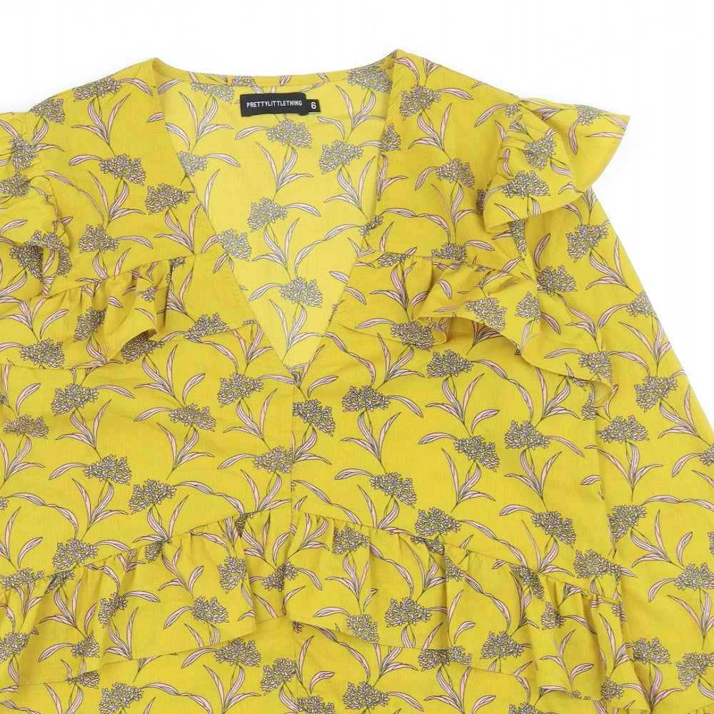 PRETTYLITTLETHING Womens Yellow Floral Polyester Mini Size 6 V-Neck Pullover
