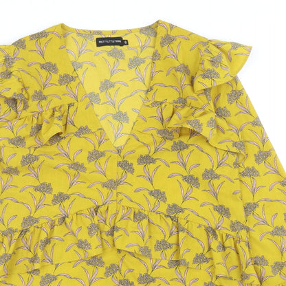 PRETTYLITTLETHING Womens Yellow Floral Polyester Mini Size 6 V-Neck Pullover