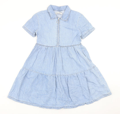Denim & Co. Womens Blue Cotton Fit & Flare Size 6 Collared Zip - Tiered