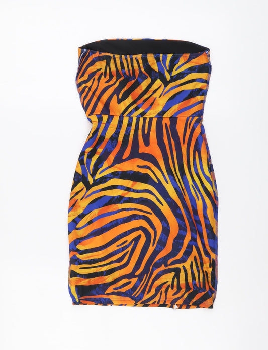 PRETTYLITTLETHING Womens Orange Animal Print Polyester Bodycon Size 6 Off the Shoulder Pullover - Zebra print