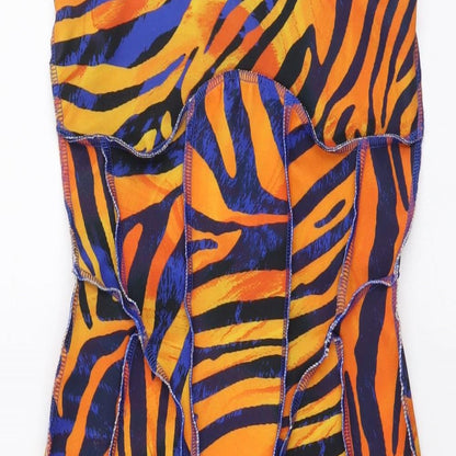 PRETTYLITTLETHING Womens Orange Animal Print Polyester Bodycon Size 6 Off the Shoulder Pullover - Zebra print