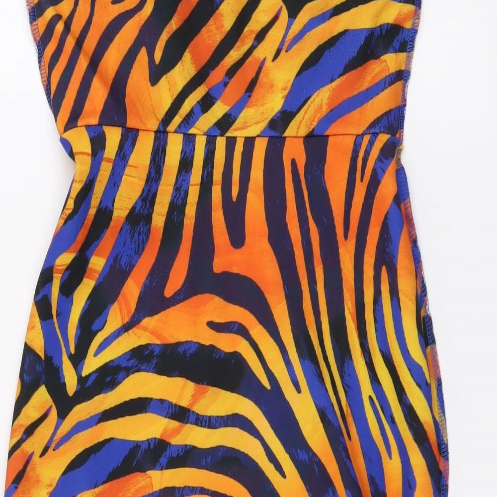 PRETTYLITTLETHING Womens Orange Animal Print Polyester Bodycon Size 6 Off the Shoulder Pullover - Zebra print