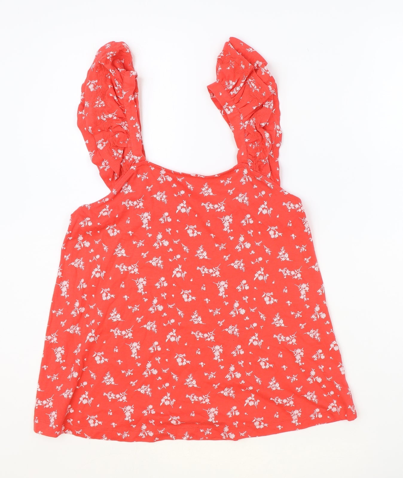 Marks and Spencer Womens Red Floral 100% Cotton Basic Tank Size 8 Scoop Neck