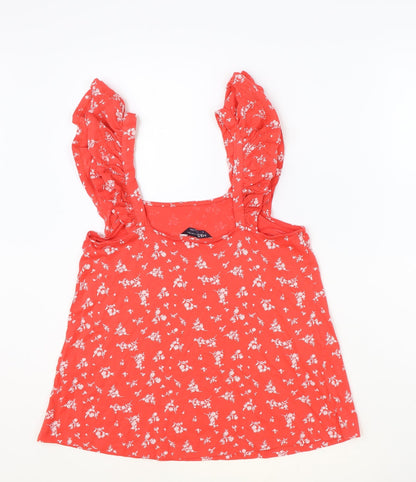 Marks and Spencer Womens Red Floral 100% Cotton Basic Tank Size 8 Scoop Neck