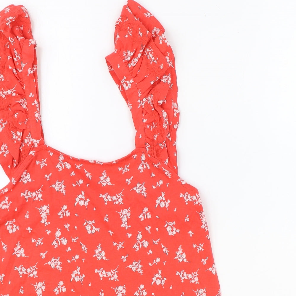 Marks and Spencer Womens Red Floral 100% Cotton Basic Tank Size 8 Scoop Neck