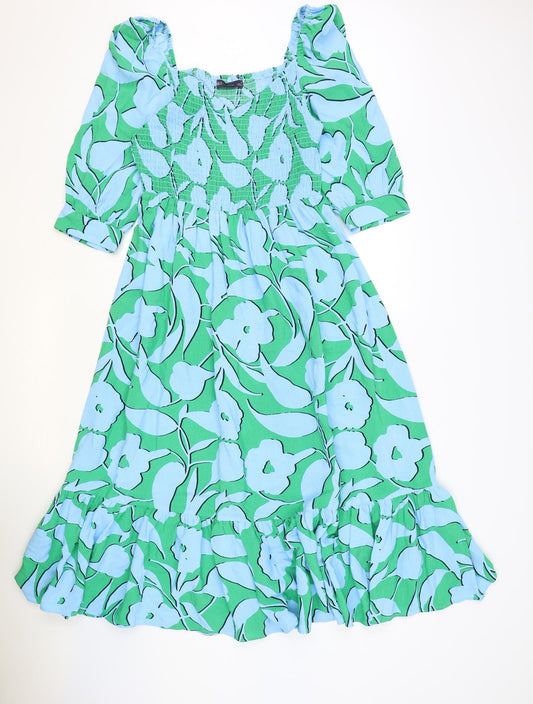 Marks and Spencer Womens Blue Geometric Viscose A-Line Size 10 Square Neck - Shirred Top