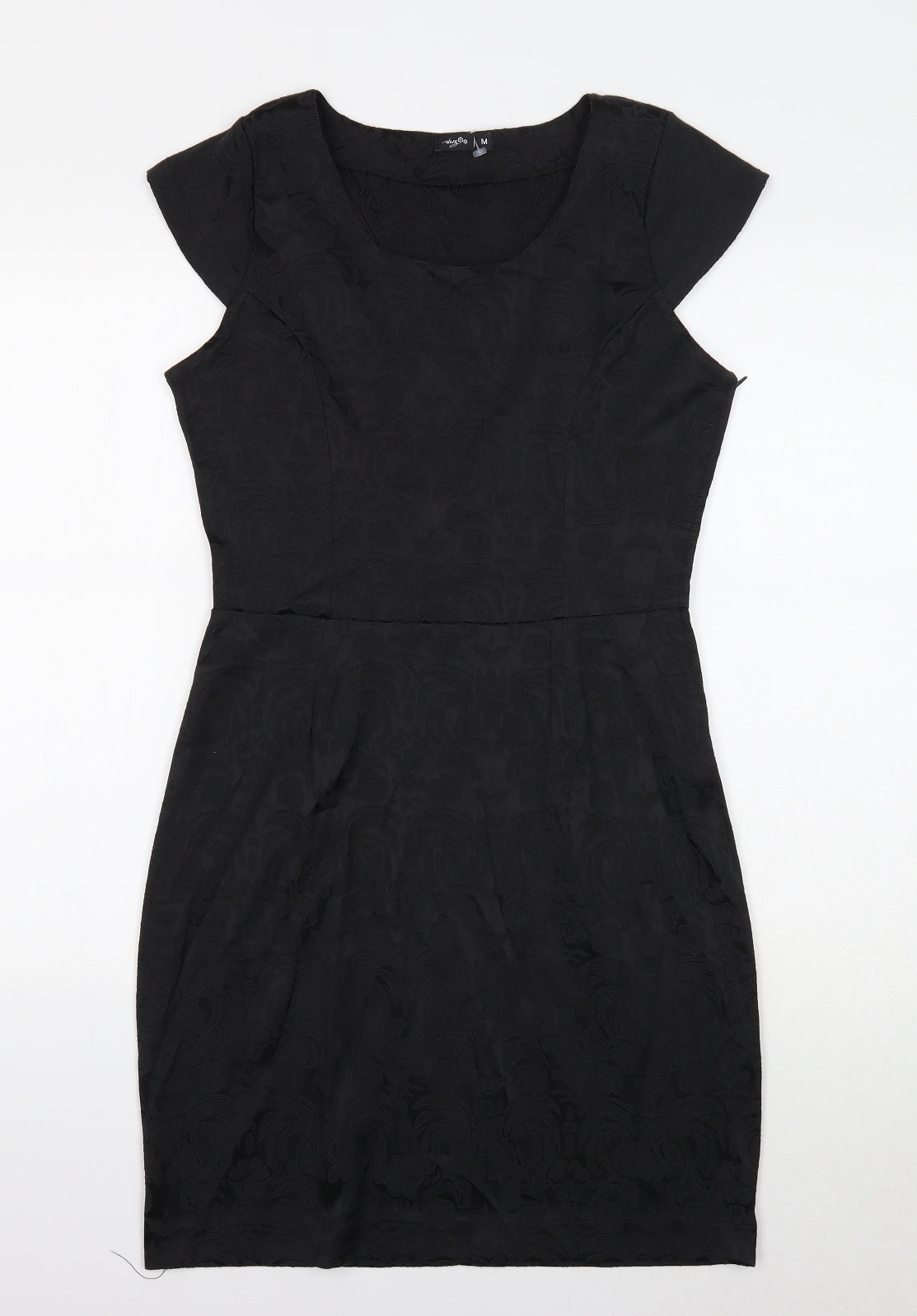 Preworn Womens Black Cotton Pencil Dress Size M Round Neck Zip - Cap Sleeve