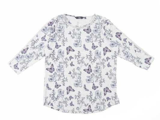 Isle Collection Womens Grey Geometric Polyester Basic T-Shirt Size S Round Neck - Butterfly Print