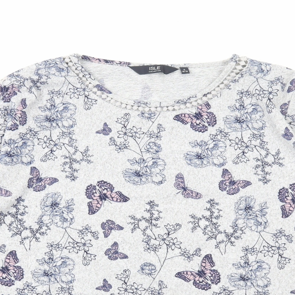 Isle Collection Womens Grey Geometric Polyester Basic T-Shirt Size S Round Neck - Butterfly Print