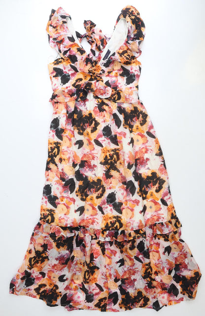 Marks and Spencer Womens Multicoloured Floral Lyocell Fit & Flare Size 10 V-Neck Tie