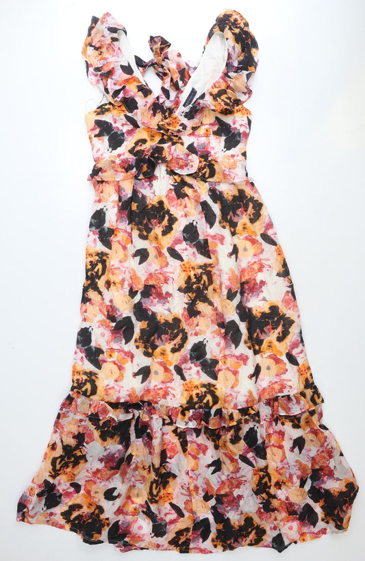 Marks and Spencer Womens Multicoloured Floral Lyocell Fit & Flare Size 10 V-Neck Tie