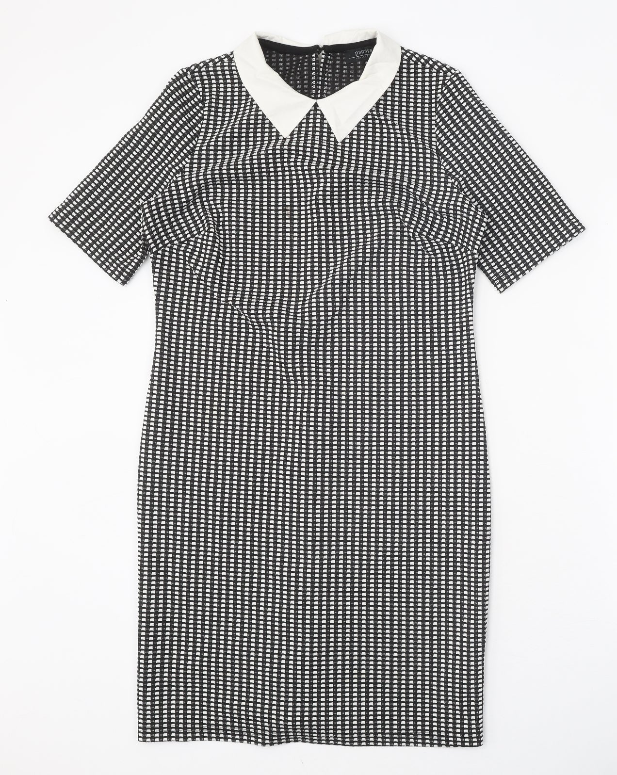 Papaya Womens Black Geometric Polyester Sheath Size 8 Collared Button