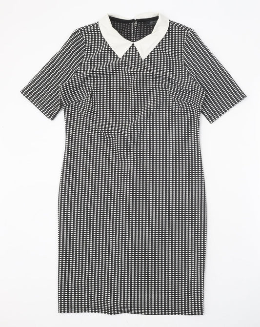 Papaya Womens Black Geometric Polyester Sheath Size 8 Collared Button