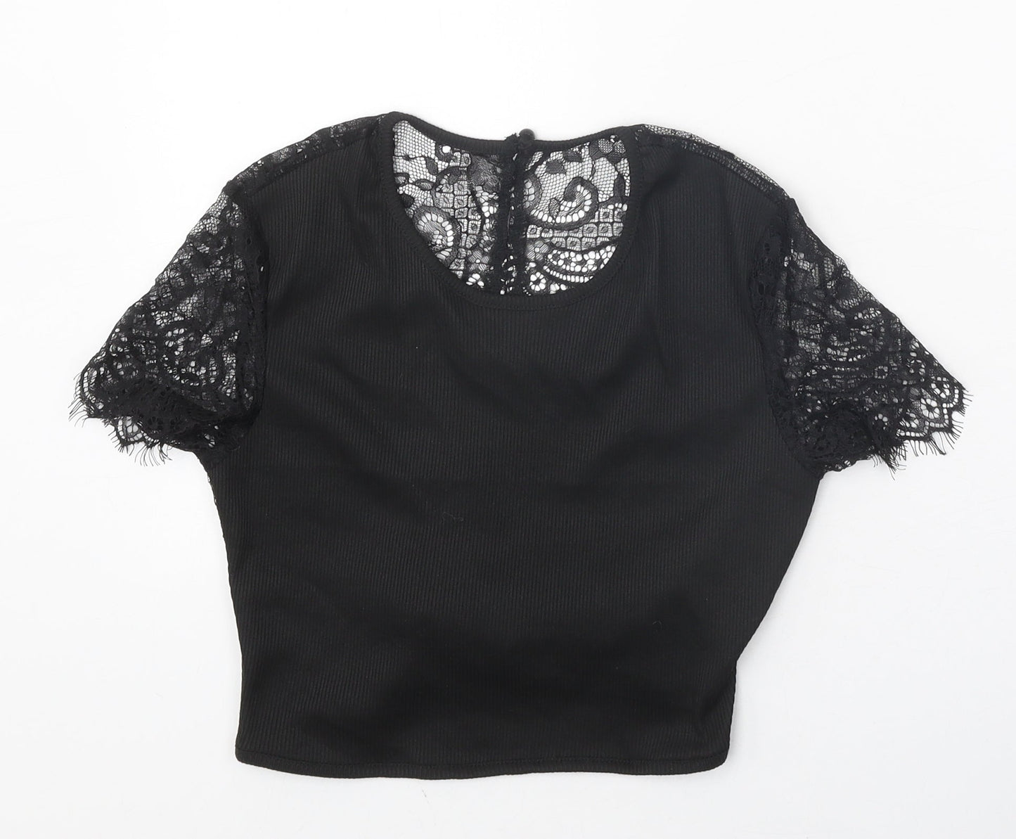 SheIn Womens Black Polyester Cropped T-Shirt Size XS Scoop Neck - Lace Sleeve Details, Ribbed