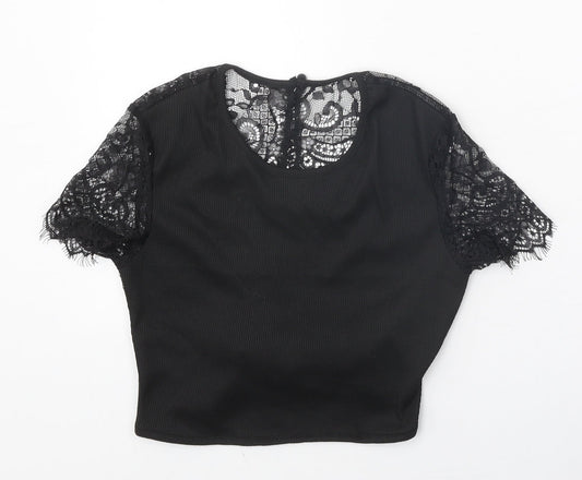 SheIn Womens Black Polyester Cropped T-Shirt Size XS Scoop Neck - Lace Sleeve Details, Ribbed