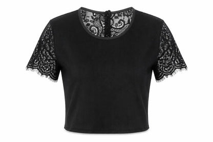 SheIn Womens Black Polyester Cropped T-Shirt Size XS Scoop Neck - Lace Sleeve Details, Ribbed