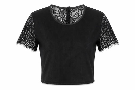 SheIn Womens Black Polyester Cropped T-Shirt Size XS Scoop Neck - Lace Sleeve Details, Ribbed