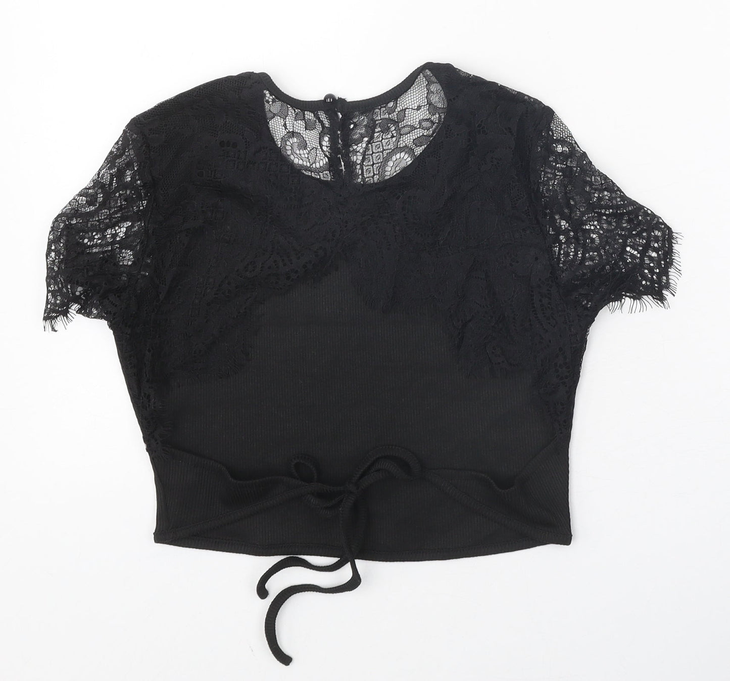 SheIn Womens Black Polyester Cropped T-Shirt Size XS Scoop Neck - Lace Sleeve Details, Ribbed