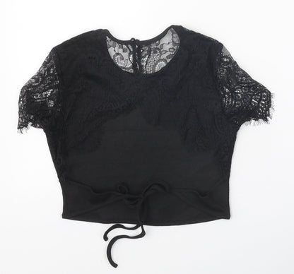 SheIn Womens Black Polyester Cropped T-Shirt Size XS Scoop Neck - Lace Sleeve Details, Ribbed