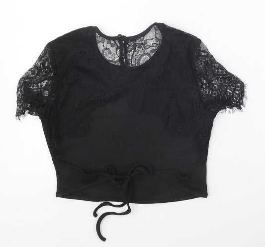 SheIn Womens Black Polyester Cropped T-Shirt Size XS Scoop Neck - Lace Sleeve Details, Ribbed