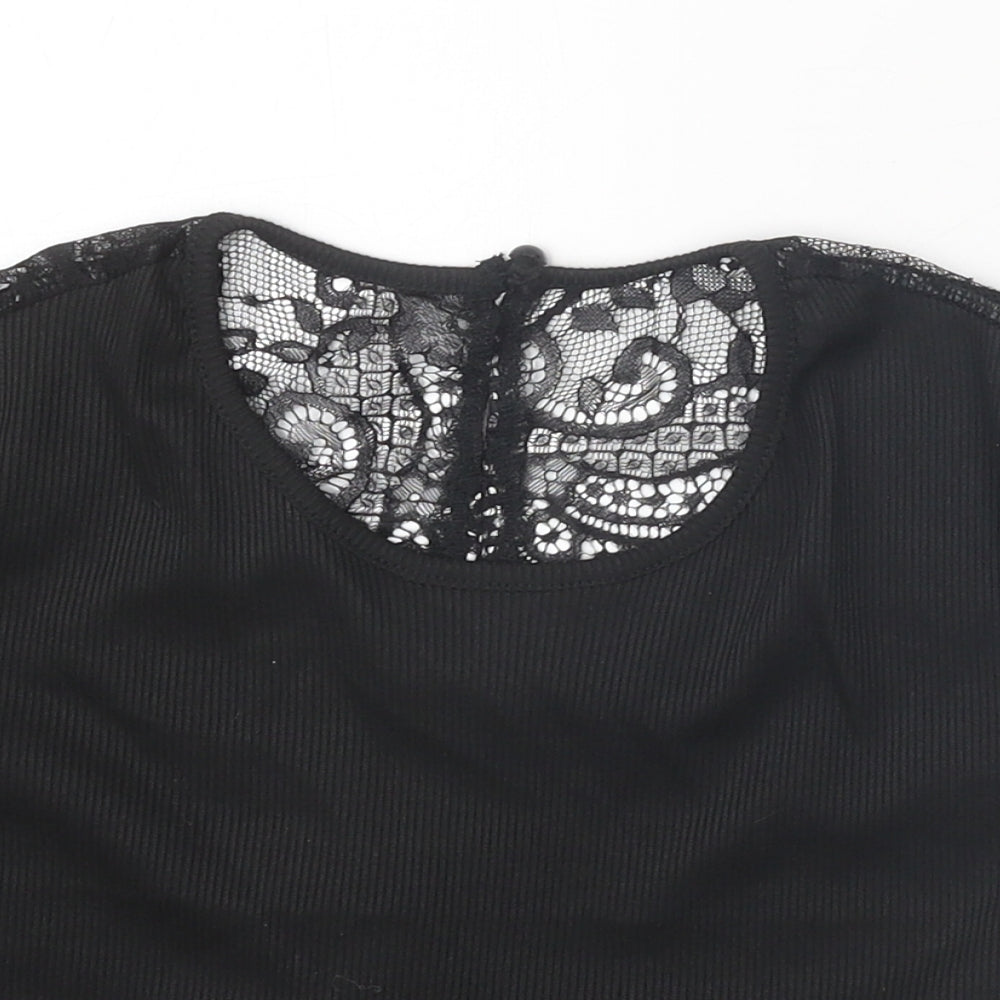 SheIn Womens Black Polyester Cropped T-Shirt Size XS Scoop Neck - Lace Sleeve Details, Ribbed