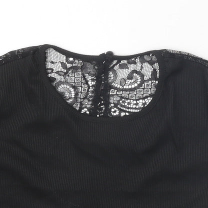 SheIn Womens Black Polyester Cropped T-Shirt Size XS Scoop Neck - Lace Sleeve Details, Ribbed