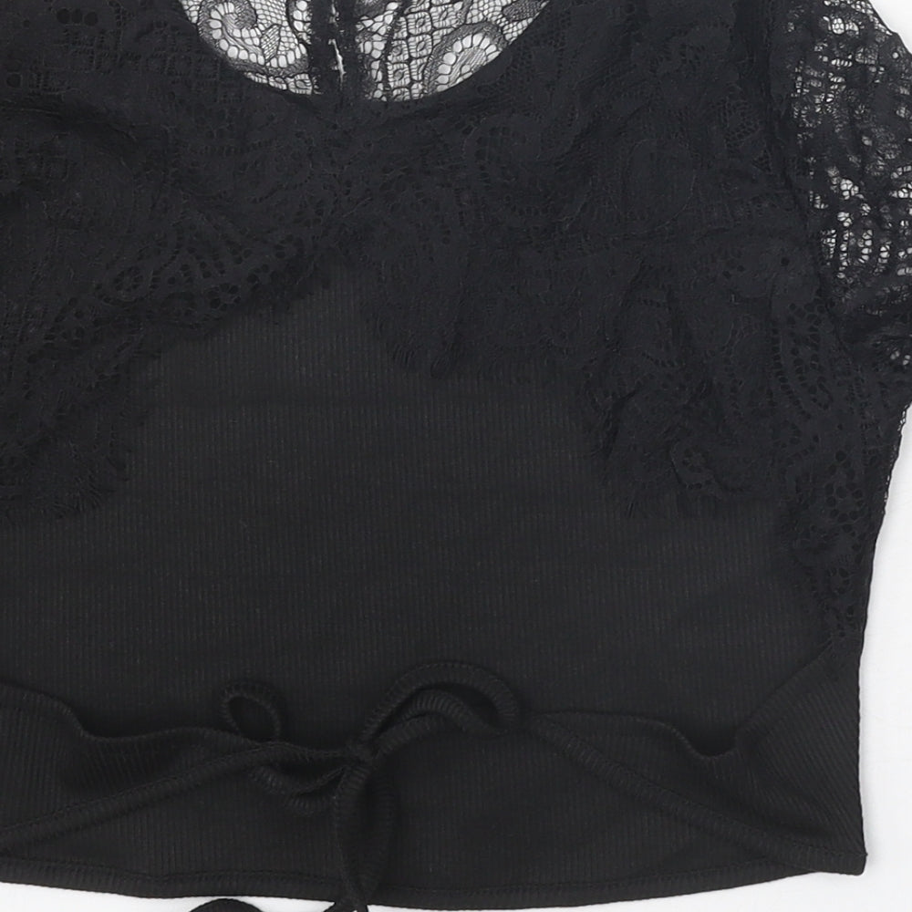 SheIn Womens Black Polyester Cropped T-Shirt Size XS Scoop Neck - Lace Sleeve Details, Ribbed