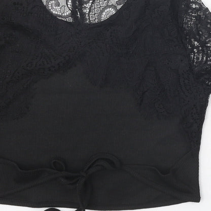 SheIn Womens Black Polyester Cropped T-Shirt Size XS Scoop Neck - Lace Sleeve Details, Ribbed