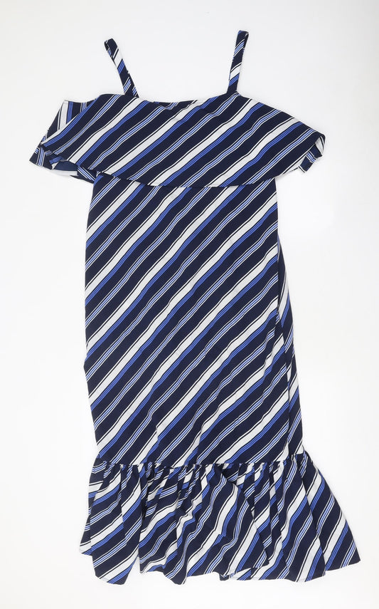 Marks and Spencer Womens Blue Striped Polyester Mermaid Size 12 Off the Shoulder Zip