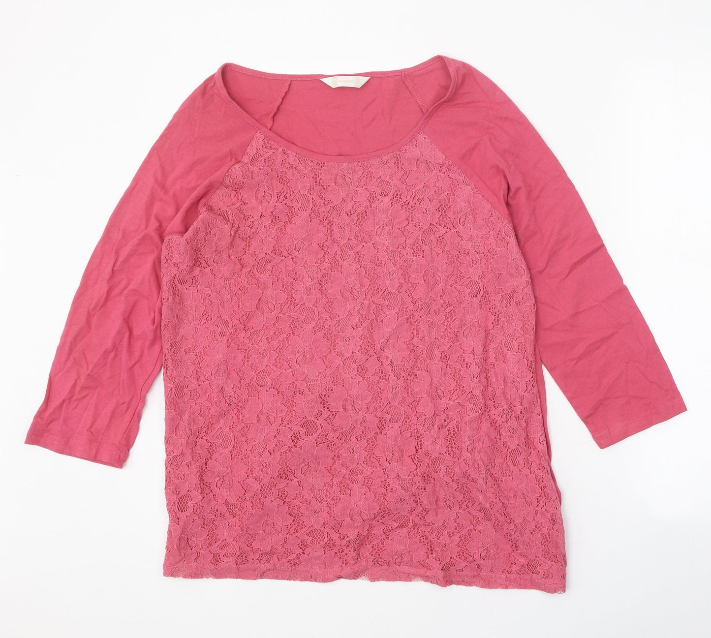 Authentic Womens Pink Cotton Basic T-Shirt Size 16 Round Neck - Lace Detail