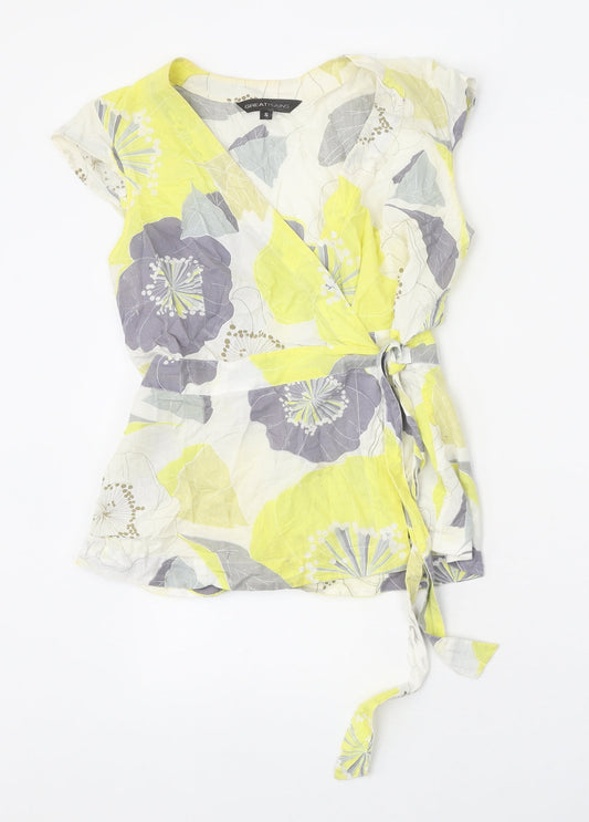 Great Plains Womens Yellow Geometric 100% Cotton Basic Blouse Size S V-Neck