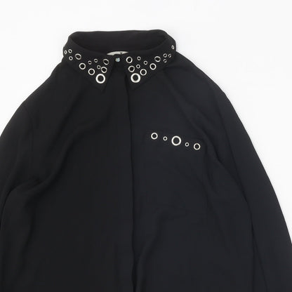 TU Womens Black Polyester Basic Button-Up Size 8 V-Neck