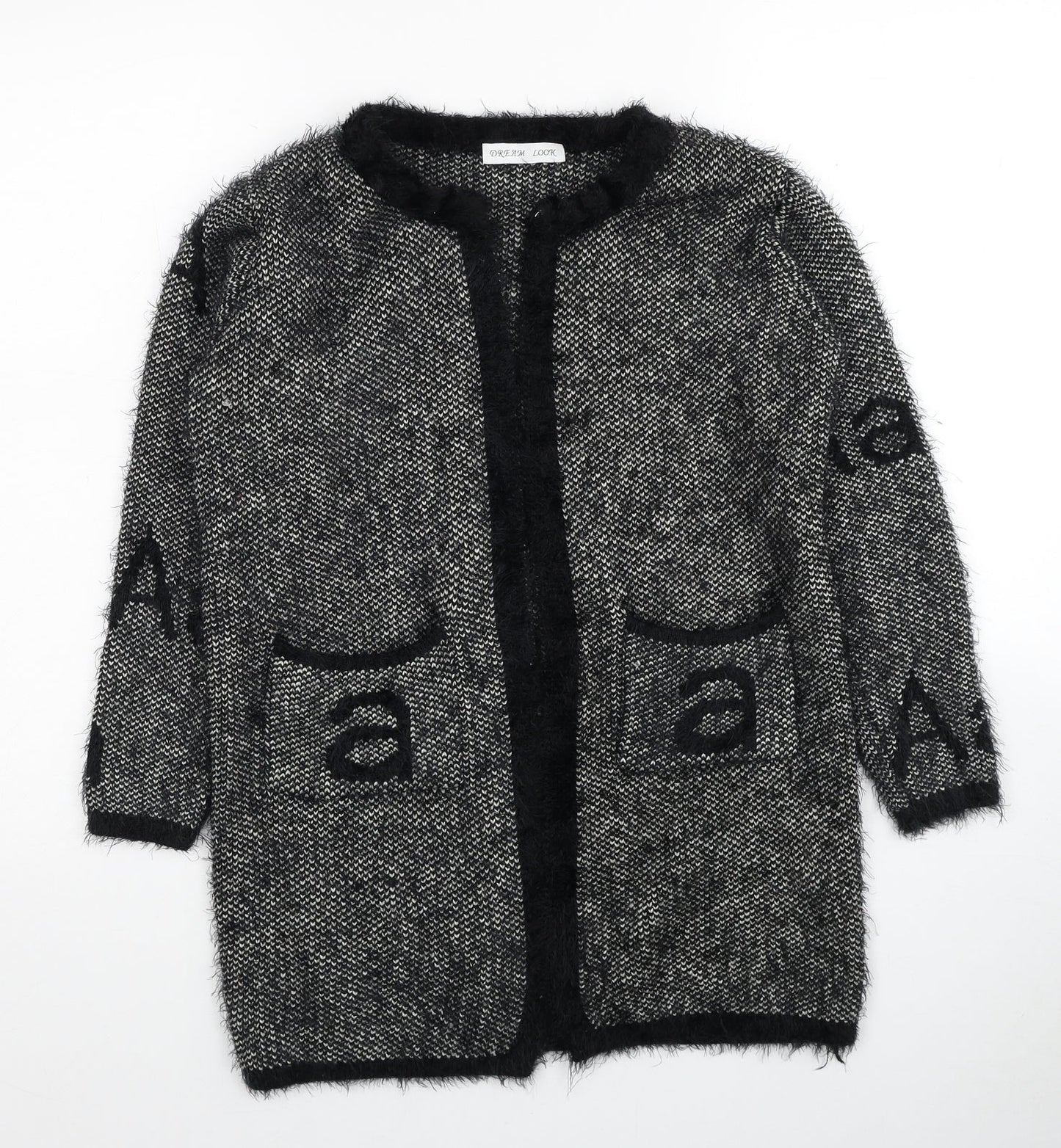 Dream Look Womens Black V-Neck Geometric Polyester Cardigan Jumper Size S