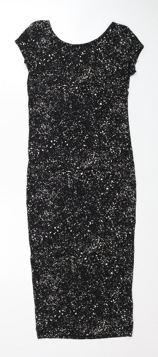 H&M Womens Black Geometric Viscose Pencil Dress Size XS Boat Neck Pullover