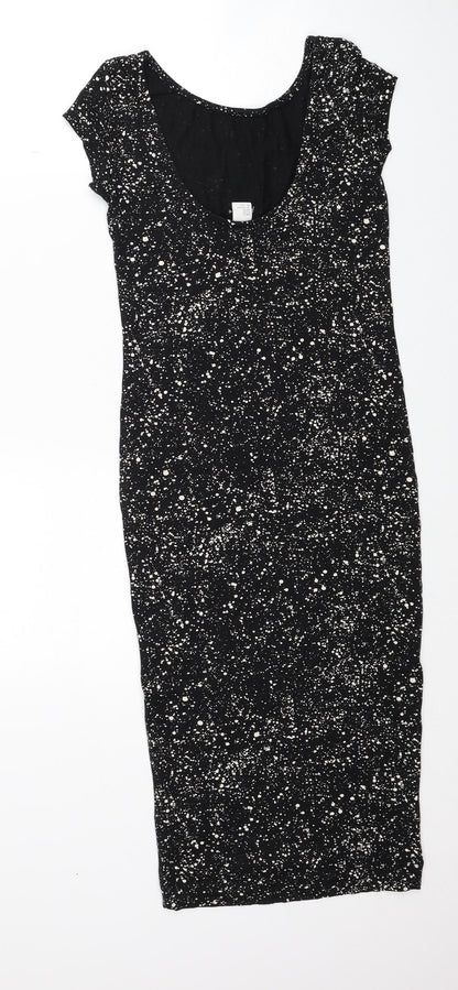H&M Womens Black Geometric Viscose Pencil Dress Size XS Boat Neck Pullover