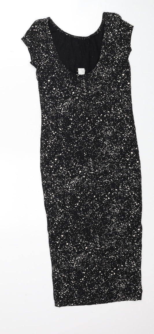 H&M Womens Black Geometric Viscose Pencil Dress Size XS Boat Neck Pullover