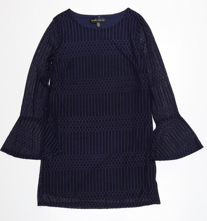 Mela London Womens Blue Geometric Polyester Shift Size 8 Boat Neck Pullover