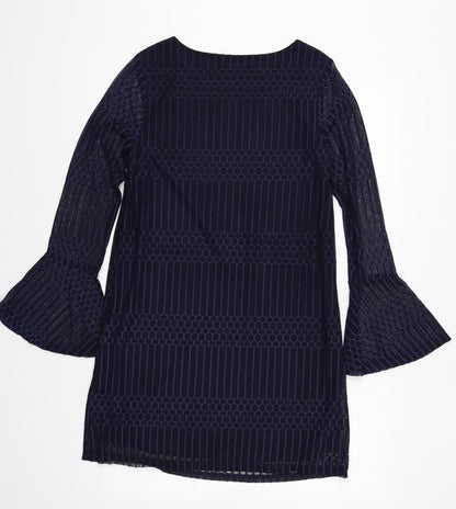 Mela London Womens Blue Geometric Polyester Shift Size 8 Boat Neck Pullover