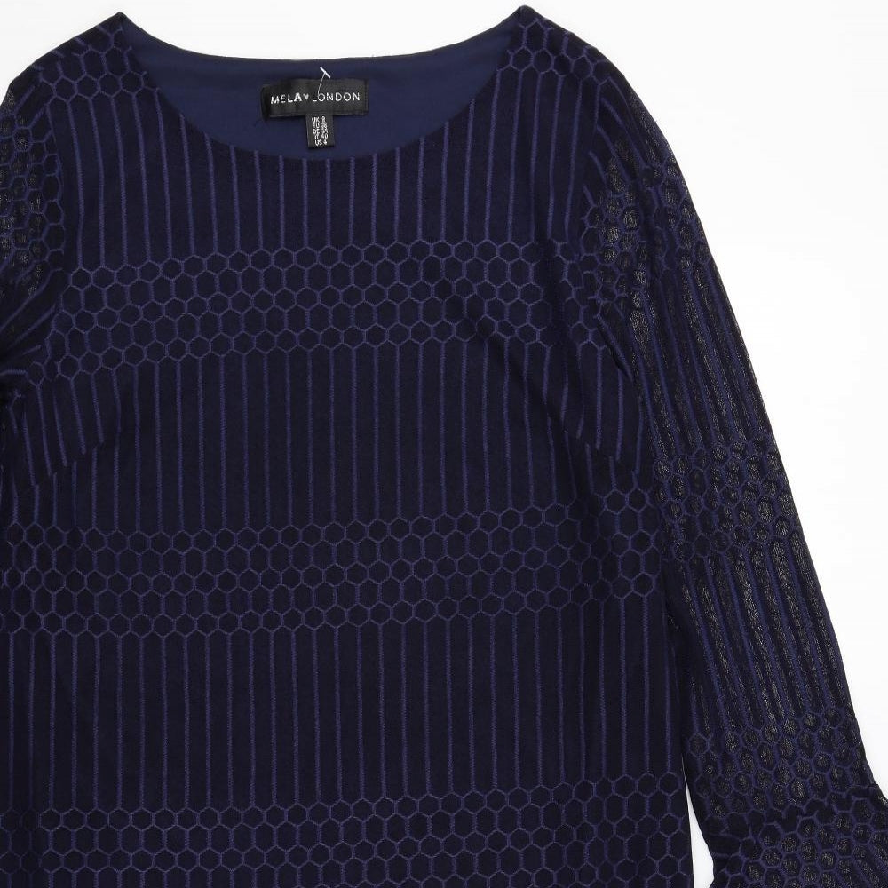 Mela London Womens Blue Geometric Polyester Shift Size 8 Boat Neck Pullover