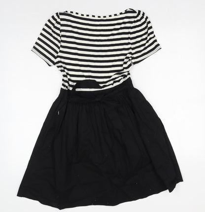 F&F Womens Black Striped Viscose Skater Dress Size 14 Round Neck Zip