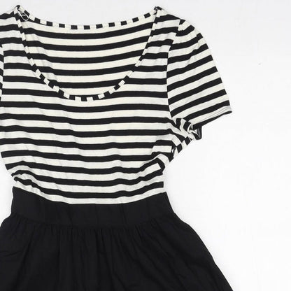 F&F Womens Black Striped Viscose Skater Dress Size 14 Round Neck Zip