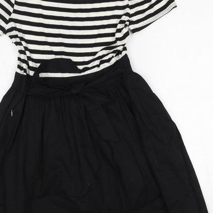 F&F Womens Black Striped Viscose Skater Dress Size 14 Round Neck Zip