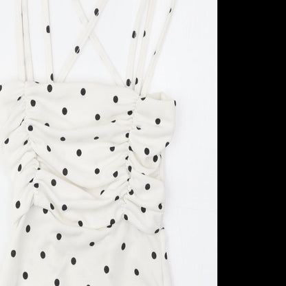 PRETTYLITTLETHING Womens White Polka Dot Polyester Playsuit One-Piece Size 8 Snap