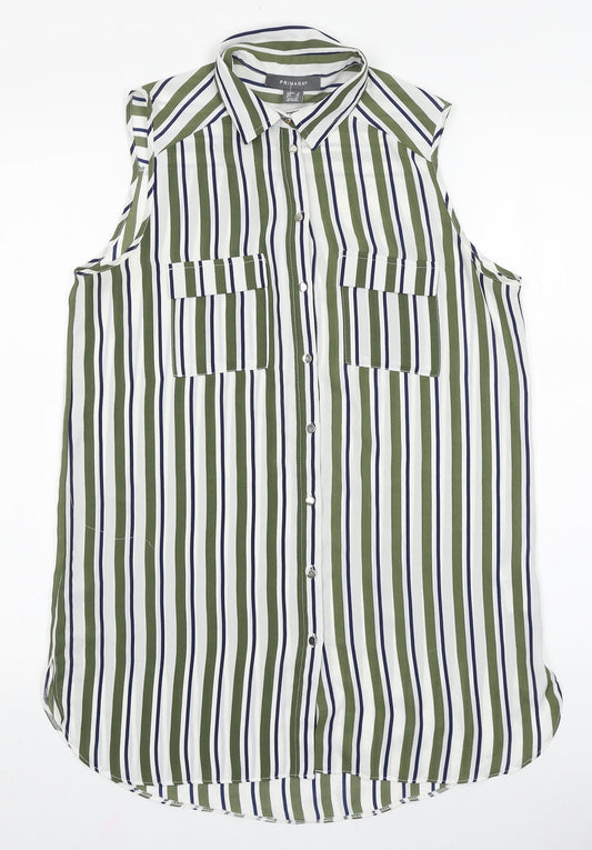 Primark Womens Green Striped Polyester Basic Button-Up Size 8 Collared