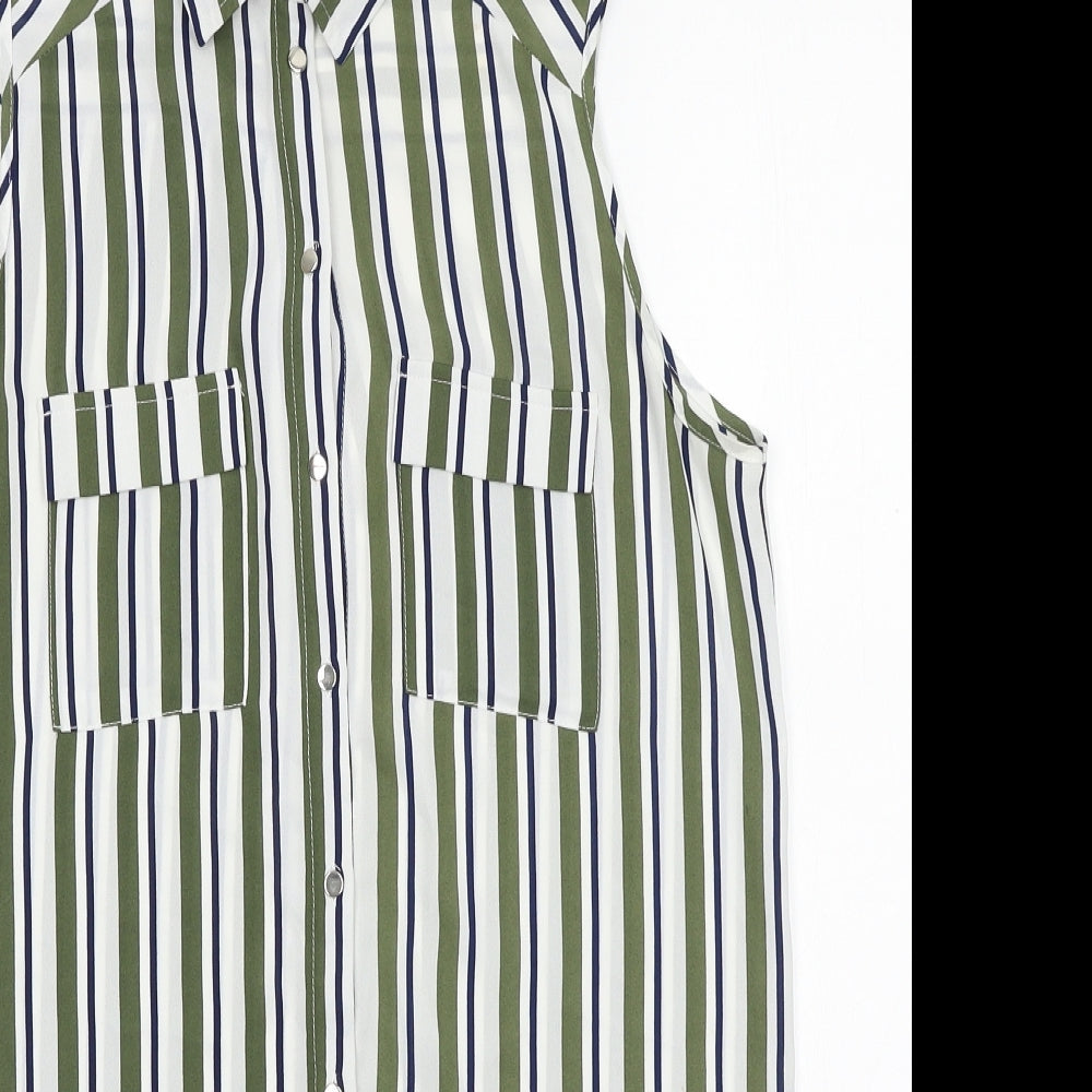 Primark Womens Green Striped Polyester Basic Button-Up Size 8 Collared