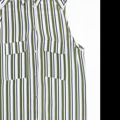 Primark Womens Green Striped Polyester Basic Button-Up Size 8 Collared